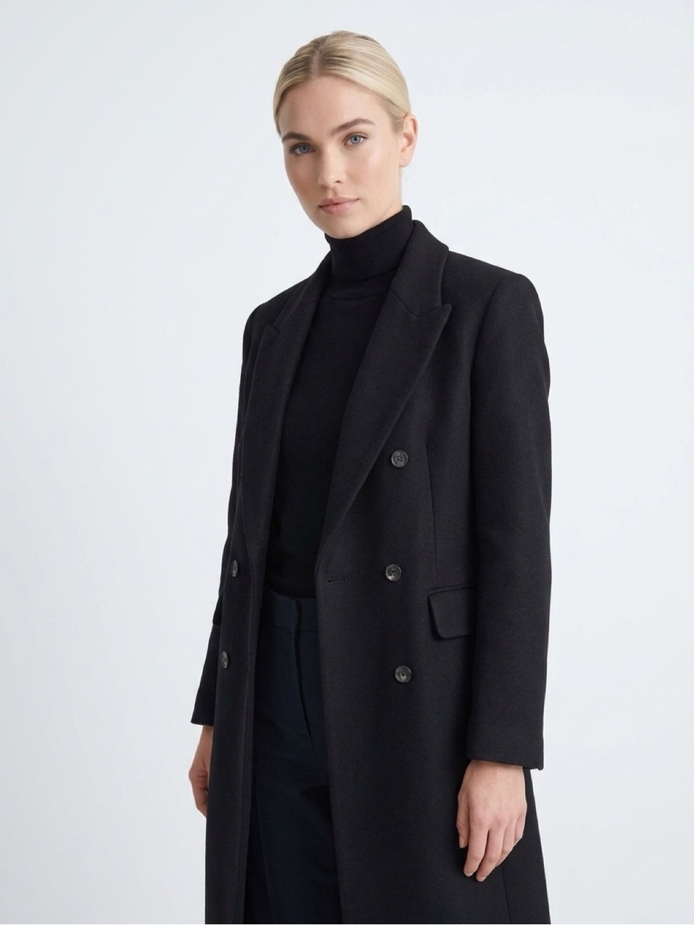 H&M Black Double-Breasted Long Trench Coat